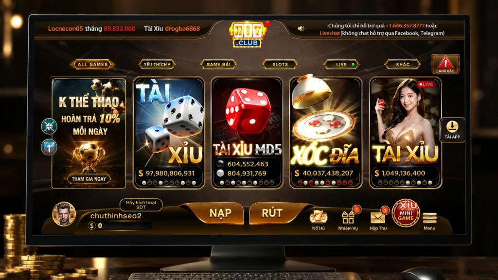 Giao diện lobby HITCLUB trên máy tính