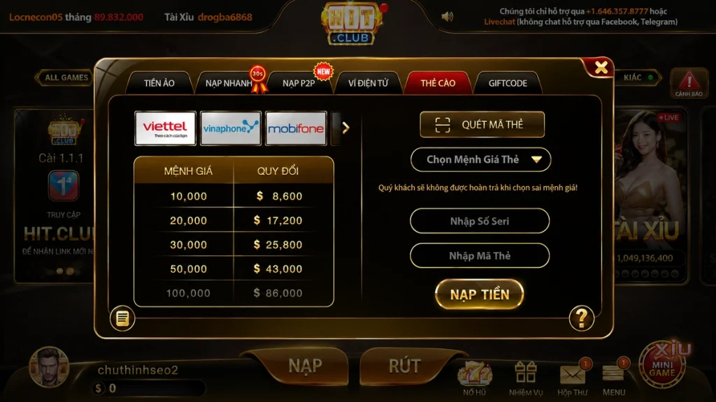 Giao diện nạp tiền trực tiếp tại HITCLUB