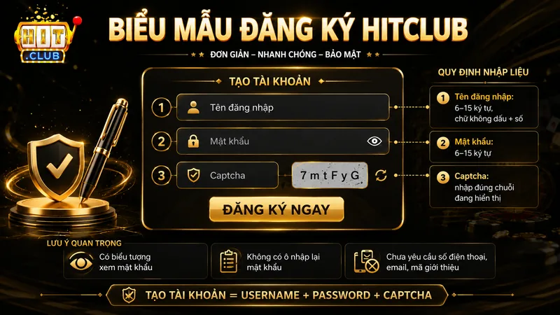 Ba thông tin cần nhập trong biểu mẫu đăng ký HITCLUB gồm tên đăng nhập mật khẩu và Captcha