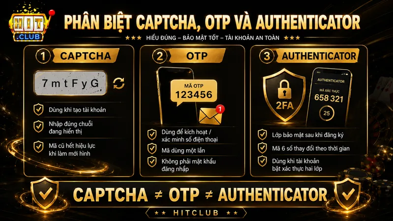 Phân biệt Captcha OTP và mã Authenticator khi đăng ký tài khoản HITCLUB