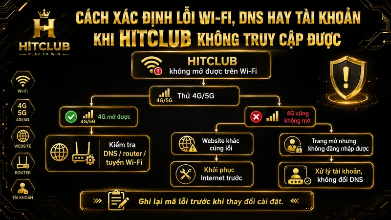 Cách xác định lỗi Wi-Fi DNS hay tài khoản khi HITCLUB không truy cập được